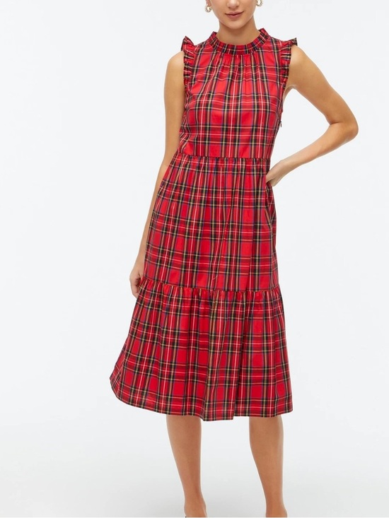 J. Crew Dresses & Skirts - J Crew Christmas Holiday Tartan Red Plaid Ruffle Tiered Midi Dress size 8 $118